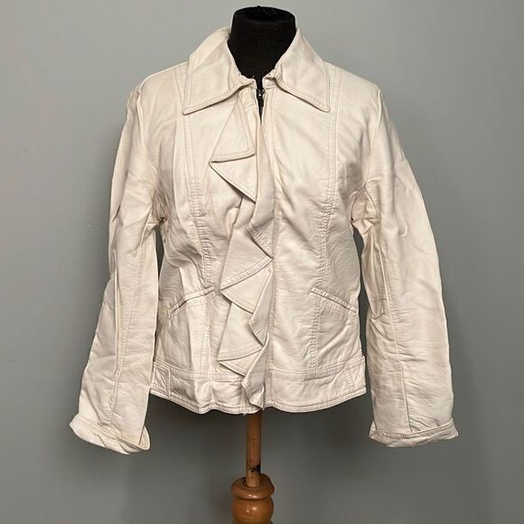 Candies Women's Cream Full Zip Ruffle Faux Leather Jacket - Picture 1 of 12